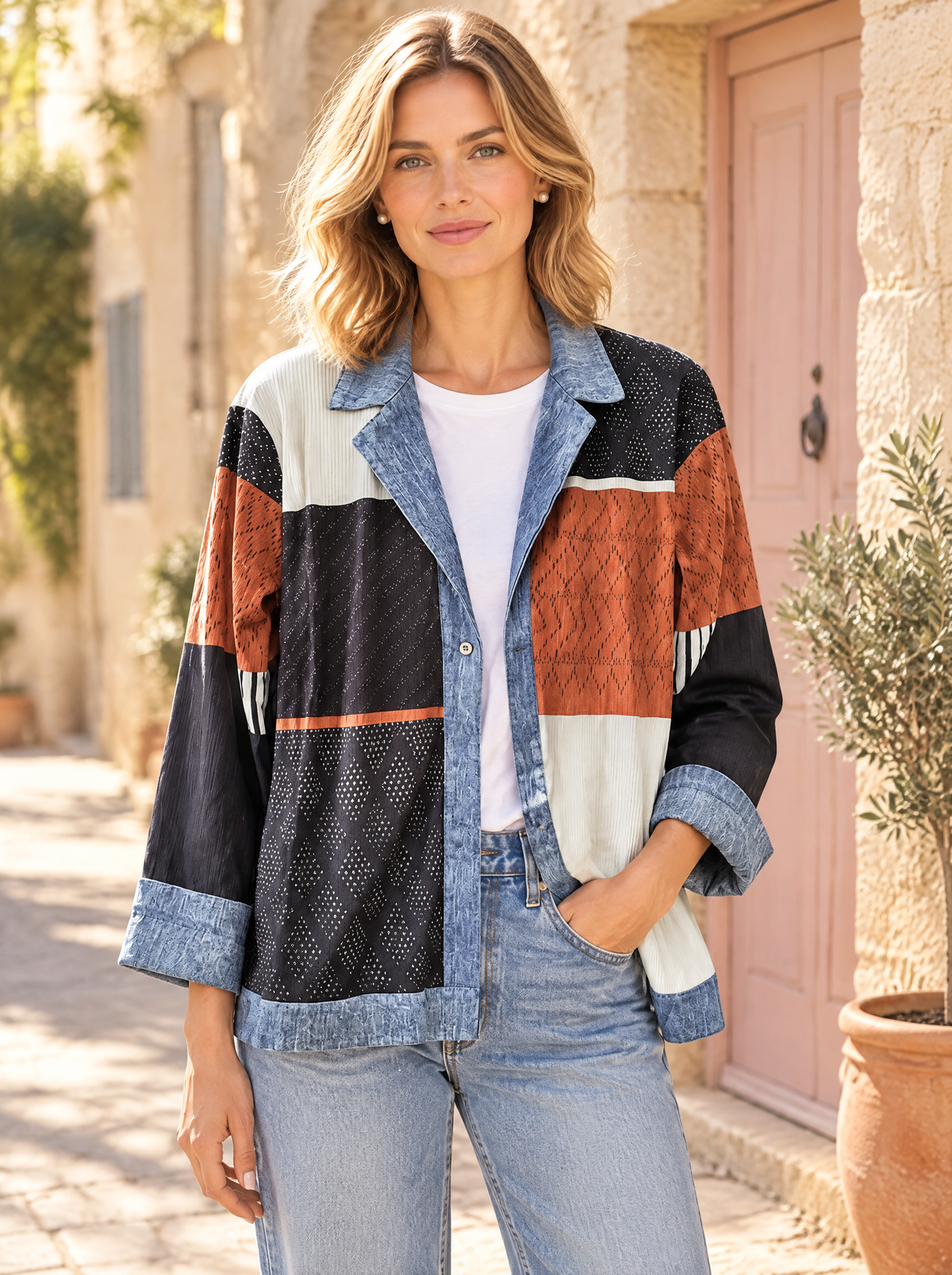 Veraperle chaqueta de punto con detalles vaqueros en patchwork