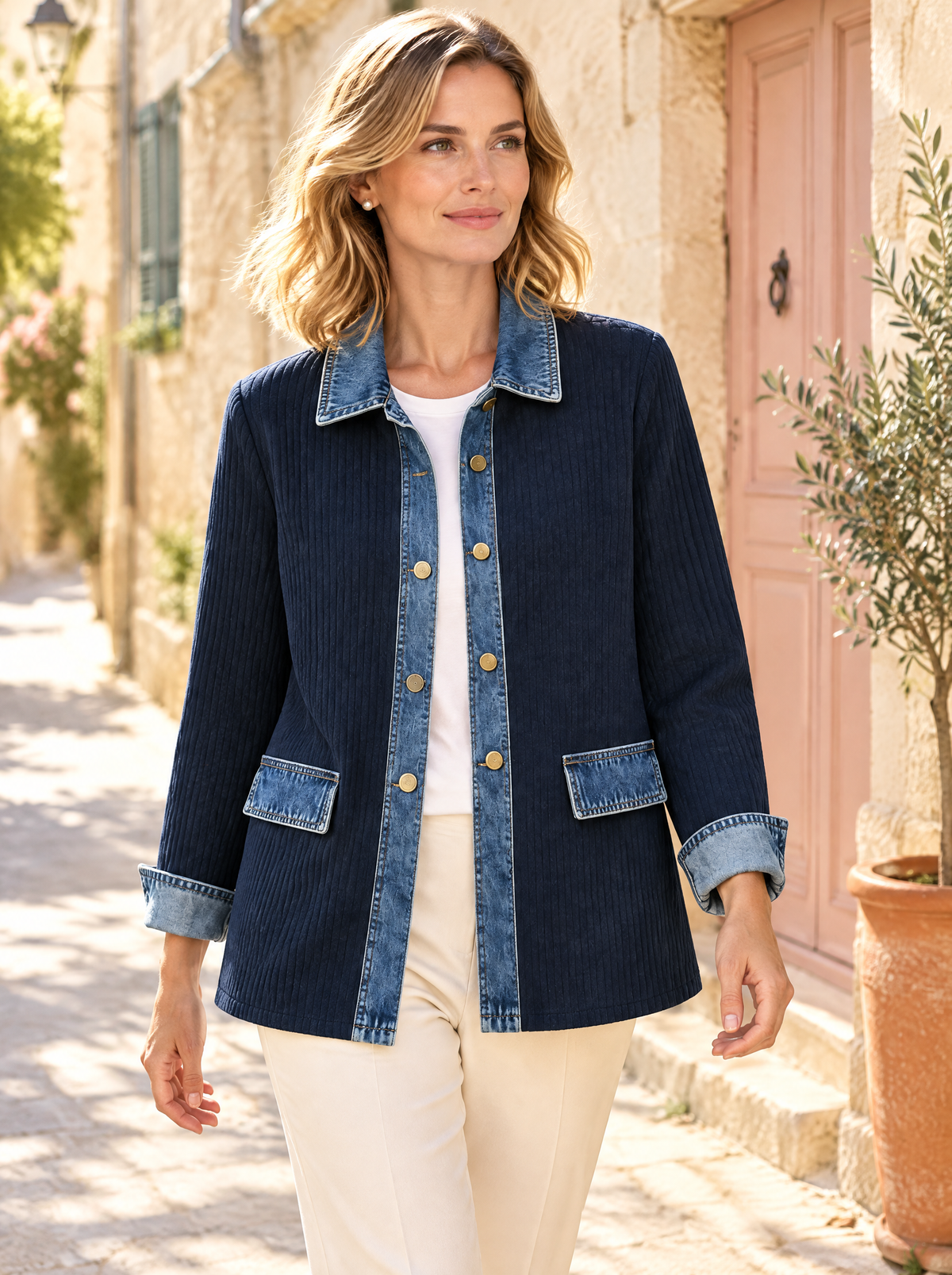 Veraperle chaqueta de punto con detalles vaqueros en azul marino