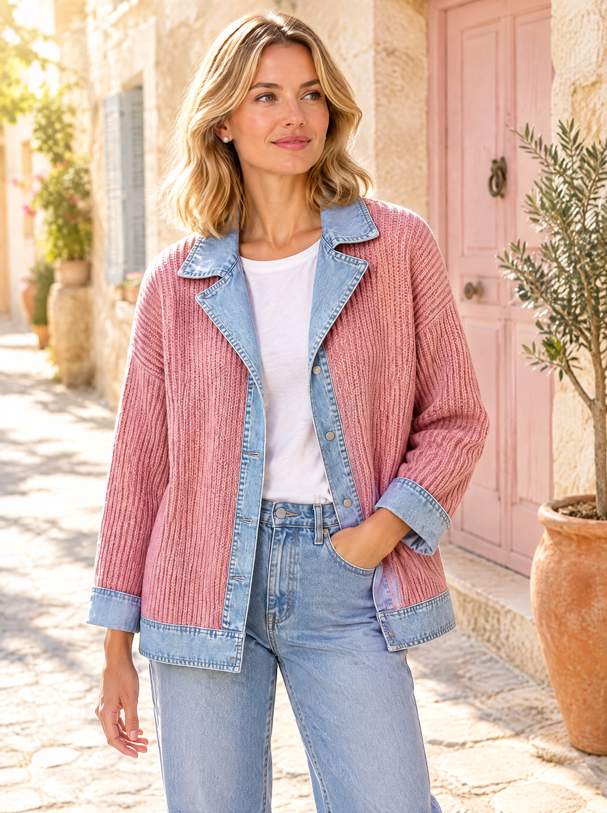 Veraperle chaqueta de punto con detalles vaqueros en rosa