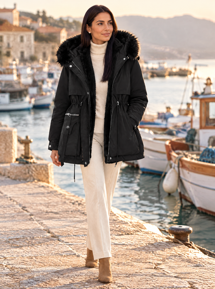 Veraperle parka acolchada con capucha de pelo sintético en negro