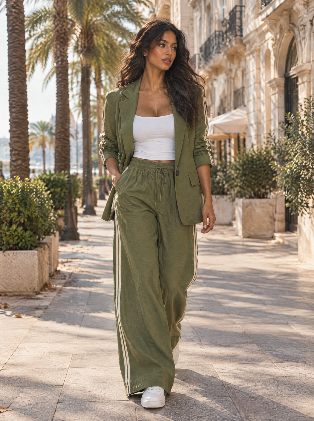 Veraperle traje de blazer oversize y pantalón palazzo con franjas en verde