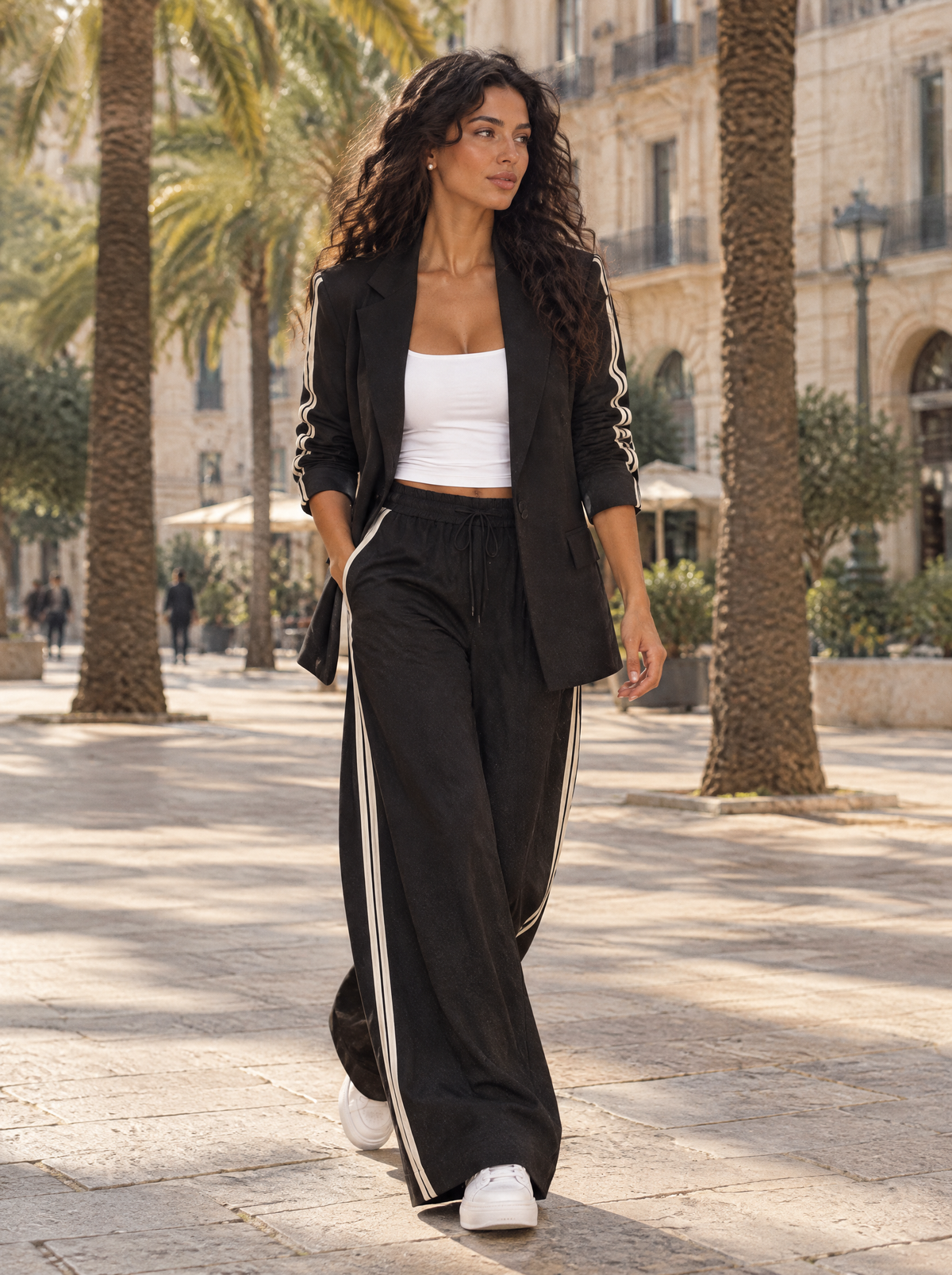 Veraperle traje de blazer oversize y pantalón palazzo con franjas en negro