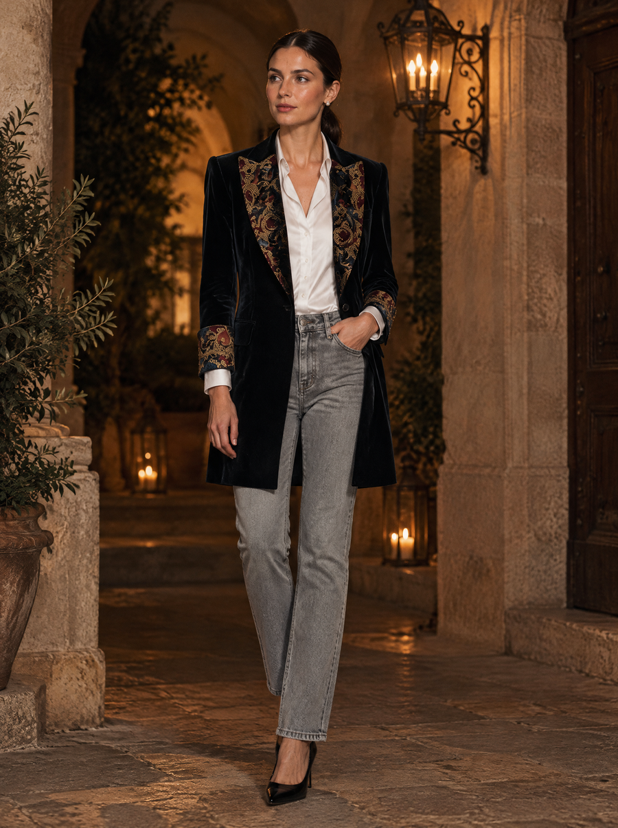 Veraperle blazer de terciopelo negro con solapas barrocas