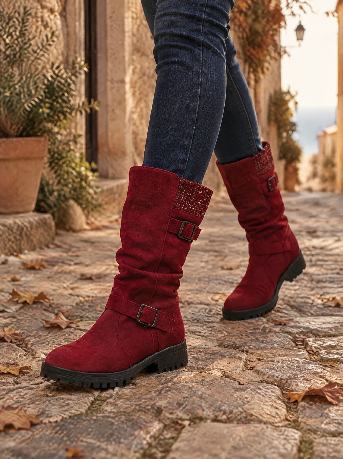Veraperle botas de media caña con hebillas efecto ante en rojo